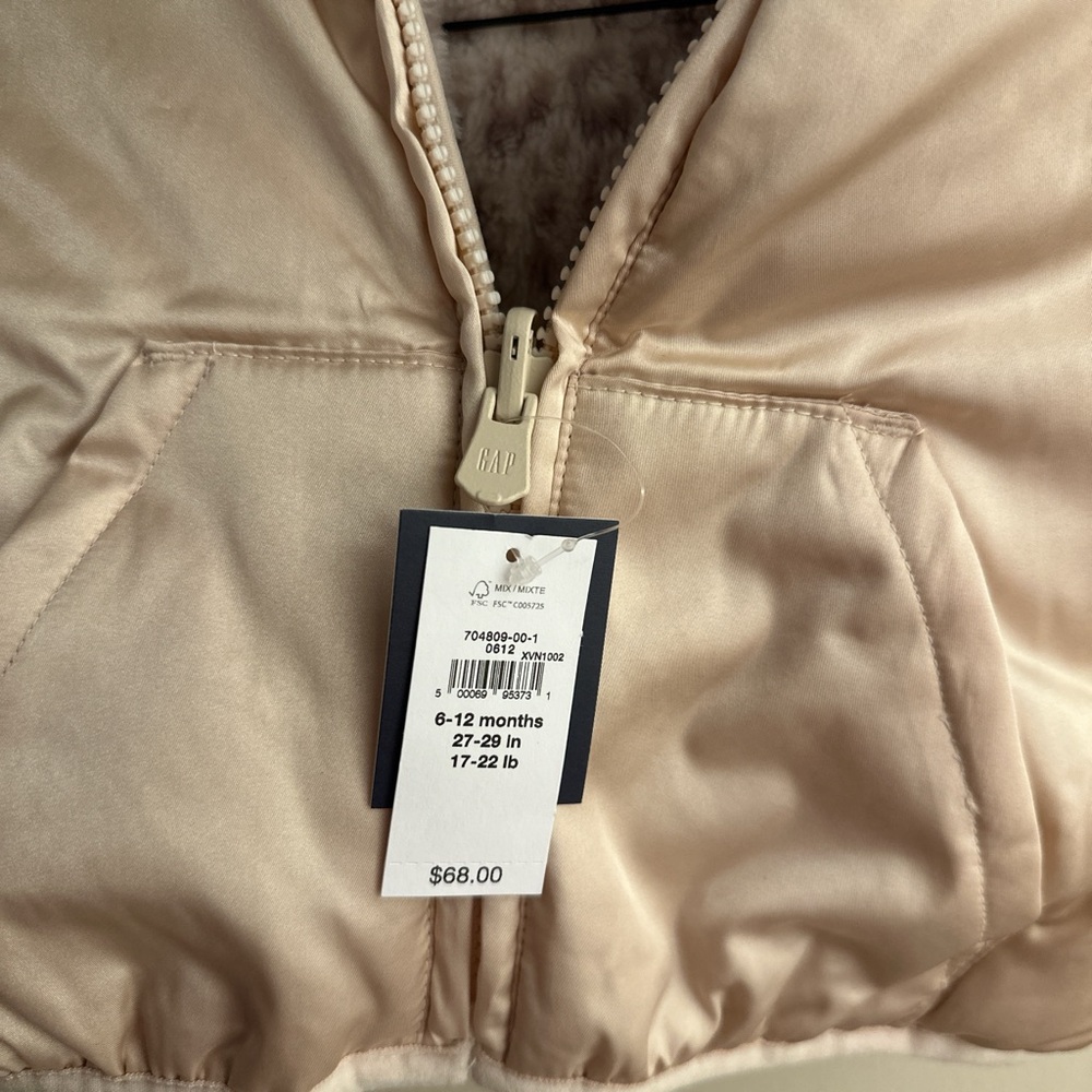 GAP Infant Reversible Hooded Puffer Jacket in Gold and Tan - Picture 2 of 6